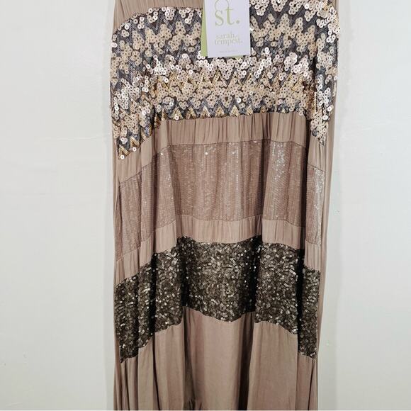 NWT Sarah Tempest Tan Sequin & Ruffle High Low Midi Dress Medium Lagenlook - Picture 2 of 14